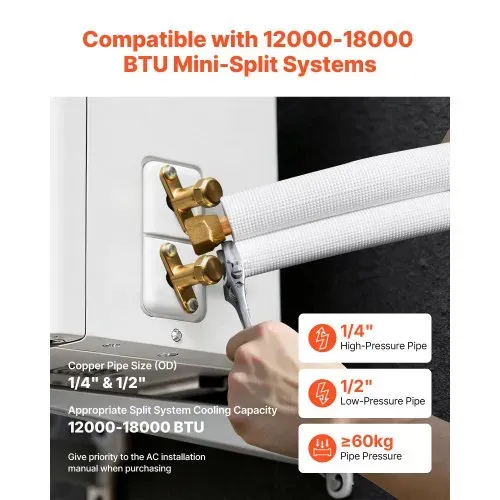 VEVOR Kältemittelleitung 15,24 m, Kupferleitung 6,4 & 12,7 mm Außendurchmesser, AC-Kupferrohr, PE-isolierte Spule, reichhaltige Armaturen, für Mini-Split-Klimaanlage, HVAC oder Wärmepumpensystem – Bild 3