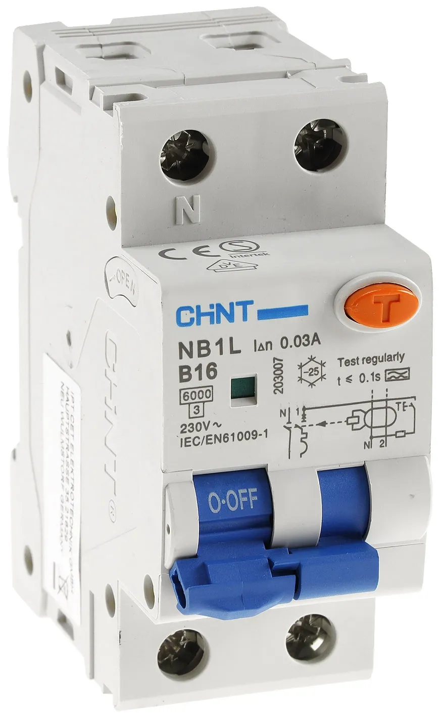 Leitungsschalter/ FI Kombination +N B16 16A, 1-polig für DIN Trägerschiene Leitungsschalter/ FI Kombination +N B16 16A, 1-polig für DIN Trägerschiene