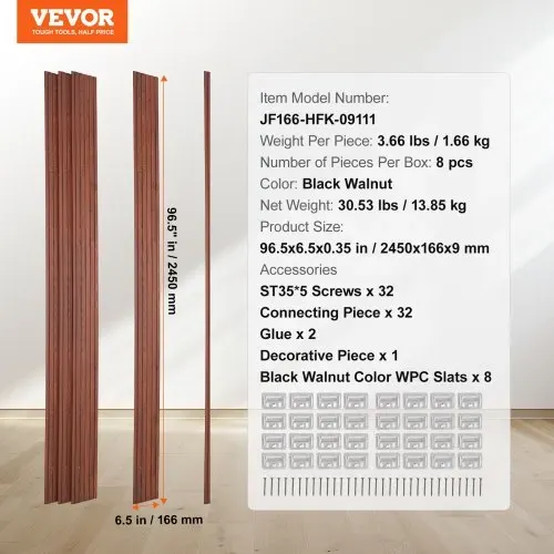 VEVOR Akustikpaneele 8er-Set, Akustikplatten, 2450 x 166 mm, WPC-Akzent-Wandpaneele aus Holz für moderne Innenwände, Wandpaneele in Holzoptik für stilvolles Dekor und Geräuschreduzierung, Schwarznuss – Bild 6