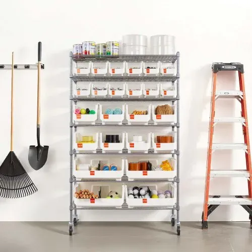 VEVOR Standregal, Lagerregal mit 7 Ebenen & 24 Stapelboxen, Bücherregal, Küchenregal mit Rollen, Werkzeugaufbewahrung für Garage, Lager, Büro, Restaurant, Klassenzimmer, Küche, 355x900x1480 mm – Bild 7