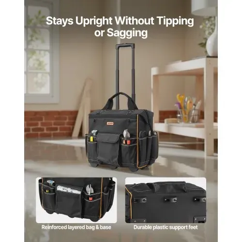 VEVOR Werkzeugtasche mit Rollen, Tragkraft 50 kg, 25 Taschen, Arbeitsrucksack mit verstellbarem Teleskopgriff & stabiler Basis, Werkzeugtaschen-Organizer für Elektriker, Baugewerbe, 460x270x430 mm – Bild 4