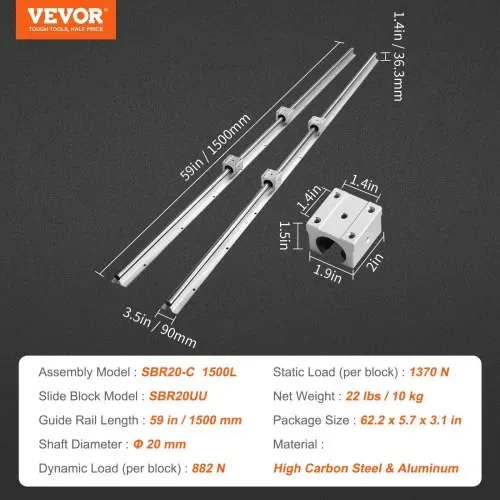 VEVOR Linearführung Linearschiene 2 Stk. SBR20-1500mm Kohlenstoffstahl Aluminium Führungsschiene mit 4 Stk. SBR20UU-Gleitblöcke Linearlager Lagerblock CNC Teile für 3D Drucker Fräs-/Drehmaschine – Bild 6