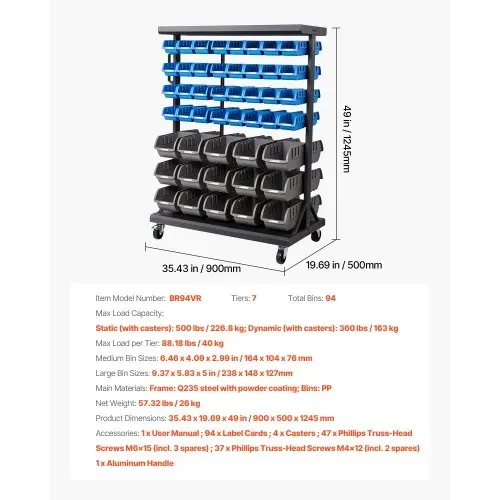 VEVOR Fahrregal mit Stapelboxen Set, Mobiler Werkzeugorganizer mit 7 Ebenen & 94 Sortimentskästen für Kleinteile in zwei Größen, 900x500x1245mm, doppelseitig, für Werkstatt, Garage, Lager & Büro – Bild 6