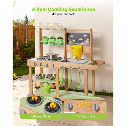 VEVOR Spielküche, Kinderküche, Spielzeugküche mit Löffeln, Spüle, Sonnenschutz, Schwenkrädern, Kochgeschirr & Zubehör, Holzküche, Ideal für Kinder ab 3 Jahren, 880x326x900 mm – Bild 3