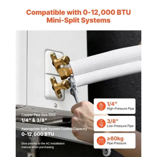 VEVOR Kältemittelleitung 30,48 m, Kupferleitung 6,4 & 9,5 mm Außendurchmesser, PE-isolierte Spule mit Bördelmuttern, Umreifungsbänder, für Mini-Split-Klimaanlage, HVAC oder Wärmepumpensystem – Bild 3