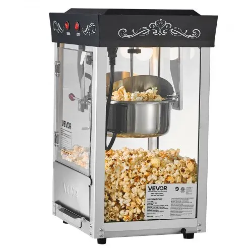 VEVOR Popcornmaschine mit Edelstahlkessel, 800 W kommerzieller Popcornmaker, 48 Tassen pro Ladung, Kinostil, mit 2-Tasten-Bedienung, Glaswand, PC-Tür, 1 Portionierer, 3 Löffel, Schwarz – Bild 10