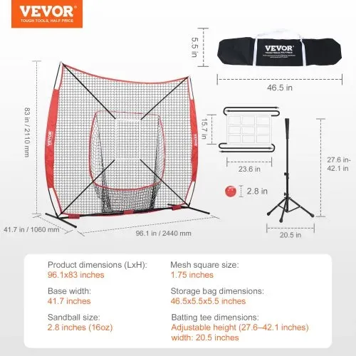 VEVOR 244 x 106 x 211 cm Baseball-Softball-Übungsnetz, tragbares Baseball-Trainingsnetz, Schlagen, Fangen, Pitchen, Backstop-Baseballausrüstung mit Bogenrahmen, Tragetasche, Schlagzone, Rotem Ball. – Bild 6