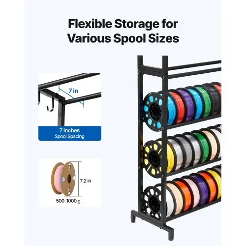 VEVOR Filament Lagerregal für 3D-Drucker, 7 Ebenen, Filamentspulenhalter, 840 x 320 x 1650 mm, Tragkraft 54,4 kg pro Ebene, 3D-Druckerzubehör für 3D-Druckstudio, Werkstatt, Schwarz – Bild 3