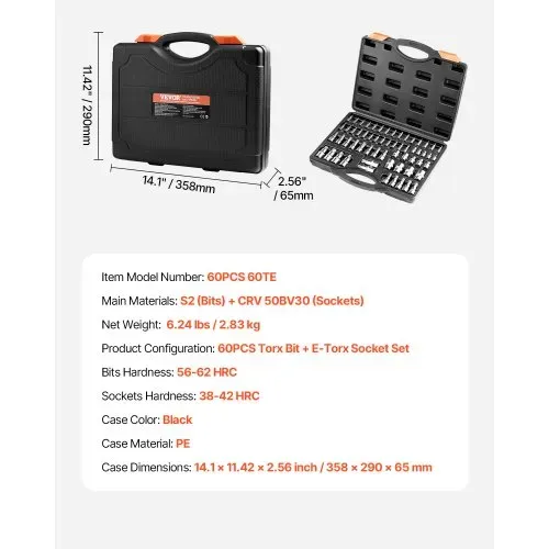 VEVOR Torx Bohrer Steckschlüsselsatz Außen-Torx-Steckschlüsselsatz 60-tlg. T6-T70 TT6-TT70 TP8-TP60 E4-E24, S2-Legierungsstahl & Cr-V-Stahl, mit 1/4 & 3/8 & 1/2 Zoll Antriebe & Aufbewahrungskoffer – Bild 6