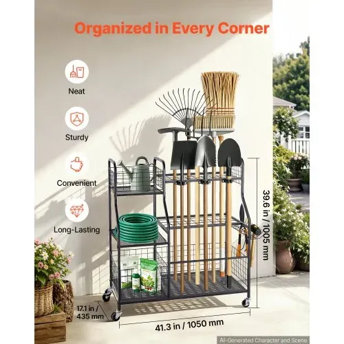 VEVOR Gartengeräte Ständer 1050x435x1005mm Gerätehalter mit Rollen Schwarz, Aufbewahrungsregal für Garage Schuppen Garten, Stahl-Organizer für Besen, mit 3 Ablagefächern Haken & Doppelschichtschlitzen VEVOR Gartengeräte Ständer 1050x435x1005mm Gerätehalter mit Rollen Schwarz, Aufbewahrungsregal für Garage Schuppen Garten, Stahl-Organizer für Besen, mit 3 Ablagefächern Haken & Doppelschichtschlitzen