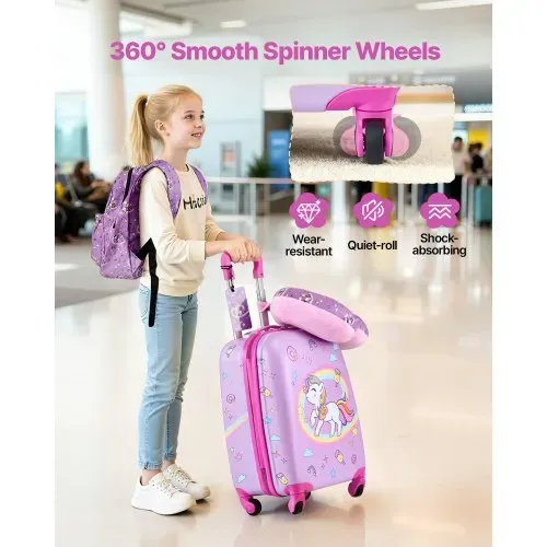 VEVOR 5 tlg. Kinderkoffer Set, 457,2 mm, Hartschalenkoffer mit Kindertrolley, Rucksack, Nackenkissen, Lunchbox & Kofferanhänge, Kofferset fürJungen & Mädchen, praktisch für Reisen Fliegen (Einhorn) – Bild 3