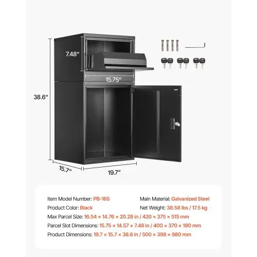 VEVOR Paketbriefkasten 500x398x980mm, Paketkasten mit Schloss, Paketbriefbox aus verzinktem Stahl mit Diebstahlschutz-Design, Packstation für Zuhause und das Büro, Schwarz – Bild 6