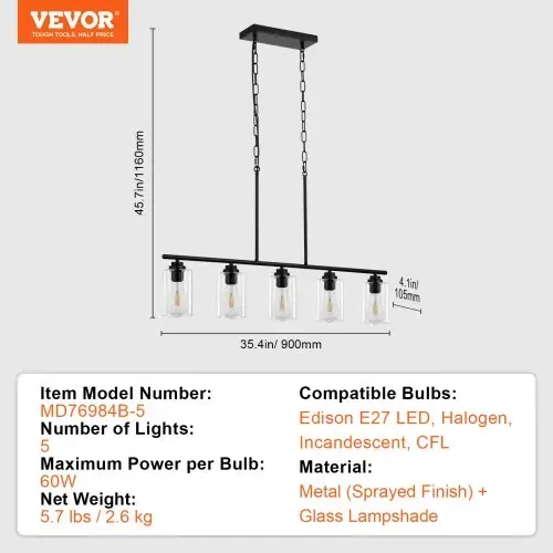 VEVOR 5-flammige Pendelleuchte für Kücheninseln, 60 W, verstellbare Esszimmerleuchte mit klarem Glaslampenschirm, 4 Stangen, 2 Metallketten, linearer Kronleuchter im Landhausstil – Bild 6