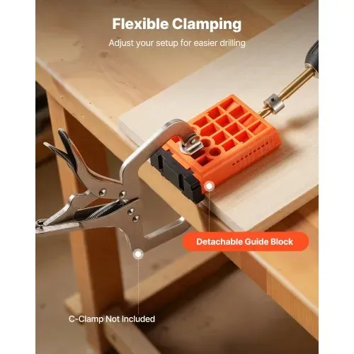 VEVOR Pocket Hole Jig, 12,7 bis 38,1mm, Schrägloch Positionierer, Taschenlochbohrlehren-Set mit Staubabsaugungsadapter, Abnehmbarem Führungsblock, Bohrer, Anschlagring, für Holzbearbeitung – Bild 4