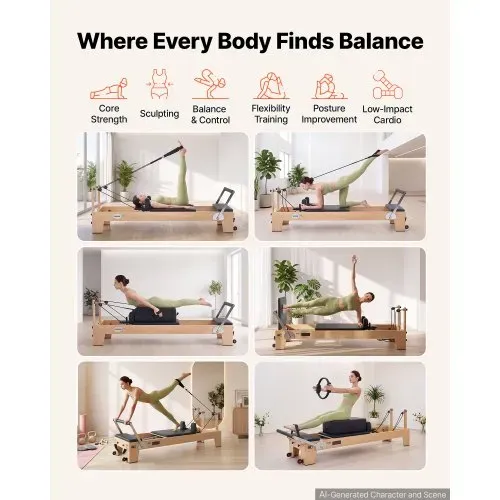 VEVOR Pilates Reformer Gerät 214 cm aus Ahornholz 181 kg Belastbarkeit für Heim-Fitnessstudios, Leises Gleiten, Verstellbare Kopfstütze, mit Pilates-Box, Jumpboard, Fußplattform und Fußschlaufen – Bild 6