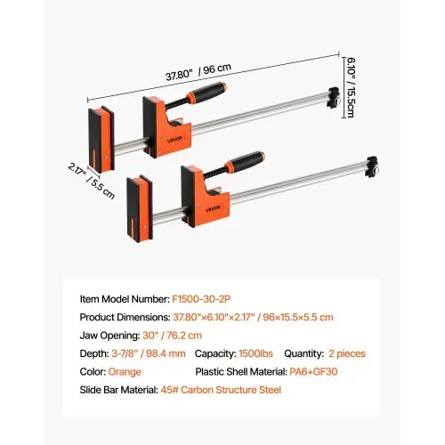 VEVOR Stangenklemmen für Holzbearbeitung 2 Stk. 762 mm Öffnung, Parallelklemmen-Set, F-Klemme mit 680 kg Belastungsgrenze, 98,4 mm Tiefe, Kunststoff & Karbonstahl, Metallbearbeitung Orange – Bild 6