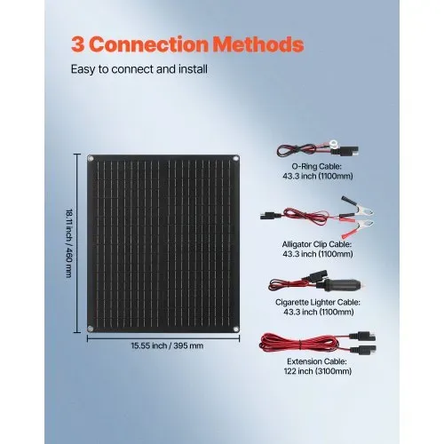 VEVOR 30 W 12 V Solarpanel-Batterieladegerät, Monokristallines Solarpanel-Kit mit integriertem Smart Controller & 3 Verbindungskabeln, tragbar für RV, Auto, Motorrad, Boot, Van, Camper – Bild 4