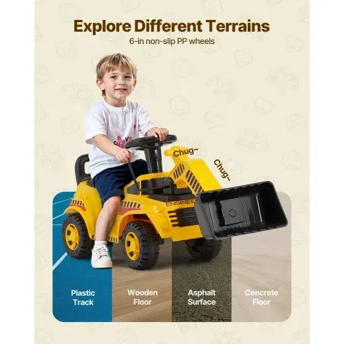 VEVOR Sitzbagger, Kinderbagger, Bagger-Bulldozer-Spielzeug mit Kippschutz und Stauraum unter dem Sitz, Aufsitzbagger 25 kg Tragkraft, Lauflernhilfe für Kleinkinder von 19 bis 36 Monaten, Gelb – Bild 4