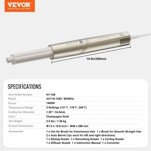 VEVOR 8-in-1-Lockenstab, 1,25-Zoll-Lockenstab-Set aus Keramik mit 2 Zylindern, 2 Bürsten, 4 Düsen für trockenes/glattes/lockiges/voluminöses Haar, Lockenstab für langes, mittellanges und kurzes Haar, für alle Haartypen – Bild 6