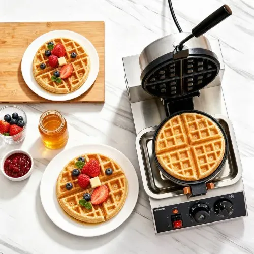VEVOR Rundes Waffeleisen Waffel 1300 W, Kontaktgrill Belgische Waffeleisen 4 Stk. Edelstahl Waffeln Automat inkl. Lebensmittelclip & Bürsten & Verbrühungssicherer Griff, für Cafés, Restaurant usw. – Bild 7