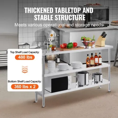 VEVOR Lebensmittel-Zubereitungstisch aus Edelstahl, gewerblicher Küchenarbeitstisch, mit 2 verstellbaren Unterregalen, Zubereitungstisch für Grill, Küche, Zuhause und Garage 356 x 1524 x 864 mm – Bild 2