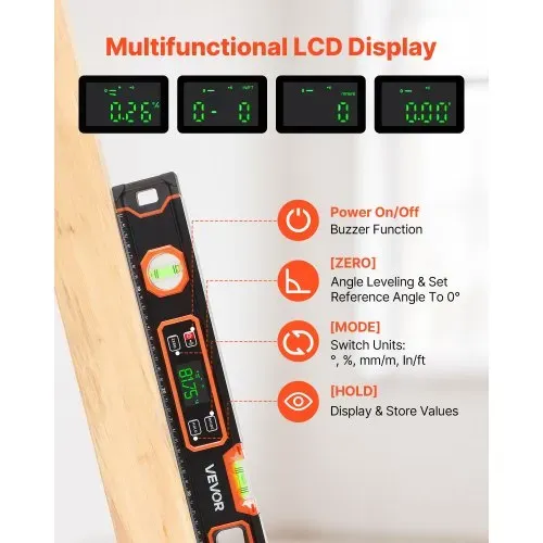 VEVOR Digitale Wasserwaage mit LCD-Display, 60 cm Richtwaage mit 3 Libellen 90°/45°/0°, Meganetische Maurerwaage mit IP54 Wasserschutz & 2 Batterien, 360° Messwerkzeug für Baustelle Hausrenovierung – Bild 2