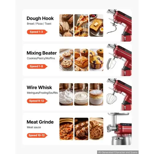 VEVOR Multifunktionale Küchenmaschine mit Kippkopf 7 L 2 in 1 1000 W Rot, Rührmaschine für Teig Sahne Rührteig und Fleisch, Knetmaschine mit Rührschüssel Knethaken Rührbesen und Schneebesen – Bild 3