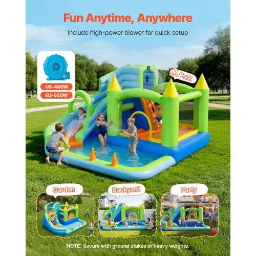 VEVOR Aufblasbare Wasserhüpfburg (344 x 374 x 213 cm), Hüpfburg mit Wasserrutsche & Hüpfburgelementen & Basketballkorb & Planschbecken & Wasserringwurfspiel, für 3–4 Kinder (3 bis 8 Jahre Alt) – Bild 3