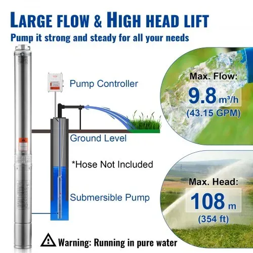 VEVOR Tiefbrunnen-Tauchpumpe, 1500 W, 230 V, 60 Hz, 9,8 m³/h, 108 m Förderhöhe, mit 19,4 m Kabel und externer Steuerbox, Edelstahl-Wasserpumpen für Industrie, Bewässerung und Heimgebrauch, IP68 wasserdicht – Bild 2