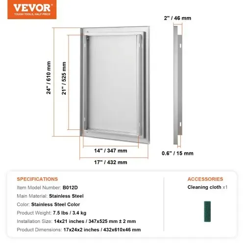 VEVOR Grillzugangstür, 432 x 610 mm, Einzelne Außenküchentür, Flächenbündig Montierte Edelstahltür, Vertikale Wandtür mit Versenkbarem Griff, für Grillinsel, Grillstation, Außenschrank – Bild 6