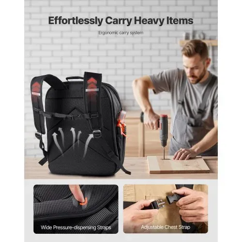 VEVOR Werkzeugrucksack, 45 Taschen, Werkzeug-Aufbewahrungs-Organizer, Backpack mit Laptopfach und verstärktem Stoffboden, Werkzeugtasche, Baustellenrucksack für Elektriker, Handwerker – Bild 3