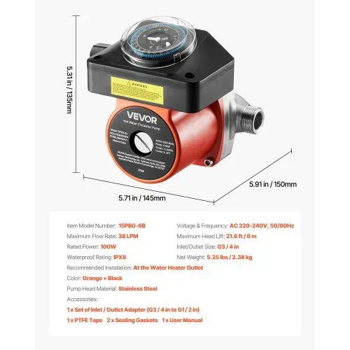 VEVOR Umwälzpumpe mit Timer, 38 LPM Umwälzpumpensystem mit sofortiger Zirkulation, 100 W AC 220–240 V, Heizungspumpe G3/4 Zoll auf G1/2 Zoll Anschluss, für Boiler, Warmwasserbereitung – Bild 6