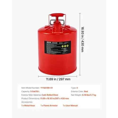 VEVOR Sicherheitskanister, 19 L Typ II Sicherheitsbehälter mit Flammensperre, selbstschließendem Deckel und flexiblem Metallausguss, Lagerbehälter zur Aufbewahrung für brennbare Stoffe, Rot – Bild 6
