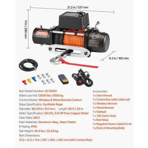 VEVOR Elektrische Seilwinde, 13.500 lb, 12 V DC LKW-Winde mit Φ3/8 Zoll x 80 Fuß Synthetikseil, Aluminium-Seilführung, kabellose und kabelgebundene Fernbedienung, IP55 wasserdicht zum Schleppen von Geländewagen, Jeeps, Anhängern und Booten – Bild 6