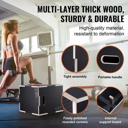 VEVOR 3-in-1-Plyometrische Sprungbox 20/18/16-Zoll-Plyobox, Sprungkasten Sprungkiste 204 kg Tragfähigkeit, Fitnessübungs-Step-Up-Box für Heimtraining, Sprungkrafttraining Schwarz Einstellbare Höhe – Bild 3