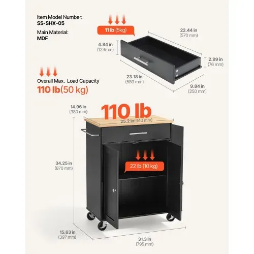 VEVOR Kücheninselwagen mit 1 Schublade & 2 Türen Schwarz Mobile Kücheninsel, Küchenwagen mit Gewürzhalter, Handtuchhalter, Tischplatte (640 x 380 x 15 mm) & Verstellbaren Regalböden fürs Esszimmer – Bild 2