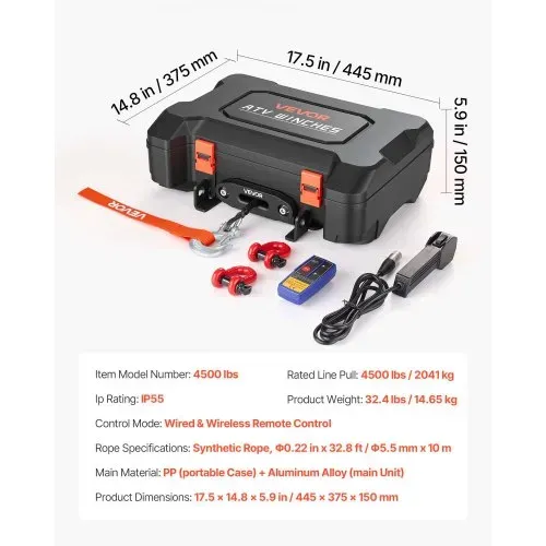 VEVOR Elektrische Seilwinde 12V, Mobile Seilwinde mit 2041kg Tragkraft & Fernbedienung, Tragbare Motorwinde mit Synthetikseil Seilführung Schäkelhaken Gurt Tragkiste, Elektrowinde für ATV UTV Offroad – Bild 6