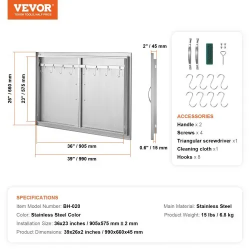 VEVOR Grill-Zugangstür, 990 x 660 mm, Doppelte Außenküchentür, Flächenbündig Montierte Edelstahltür, Vertikale Wandtür mit Griffen und Haken, für Grillinsel, Grillstation, Außenschrank – Bild 6