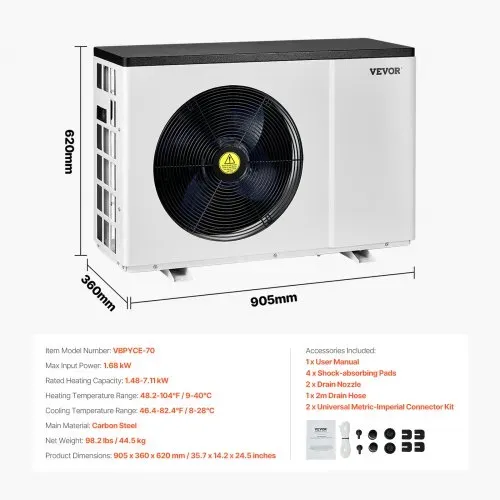 VEVOR Elektrische Pool-Wärmepumpe, 1,48–7,11 kW Heizleistung, energiesparende Poolheizungen mit variabler Frequenz für 15–30 m³ Aufstellpools, Heiz- und Kühlpool-Warmwasserbereiter – Bild 6