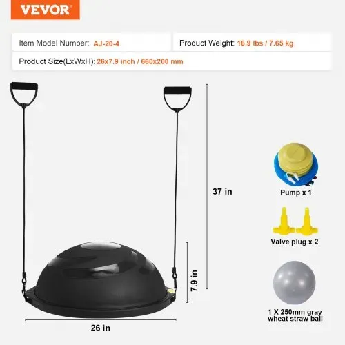 VEVOR Halb-Gymnastikball-Trainer, 66 cm Balance-Ball-Trainer, 680 kg Tragkraft Stabilitätsball, Yoga-Ball mit Widerstandsbändern und Fußpumpe, Kraft-Fitnessball im Heim-Fitnessstudio, Schwarz – Bild 6