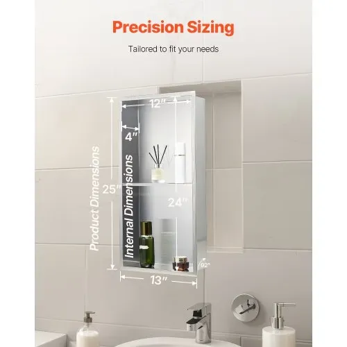 VEVOR Duschnische, 10,16x33,02x63,5 cm, doppellagige Wandnische mit ausgehöhlter Trennwand, Shampoo-Aufbewahrungs-Organizer aus Edelstahl, Duschregal, silberfarben für Badezimmer – Bild 5