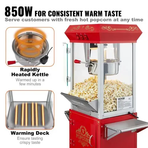 VEVOR Popcornmaschine Popcornautomat Popcorngerät mit Wagen 850 W Popcornmaschine 8 oz Kessel für 48 Tassen pro Ladung, Popcornmaschine mit gehärtetem Glas, inkl. 4 Schaufeln, Kino-Stil, rot – Bild 3