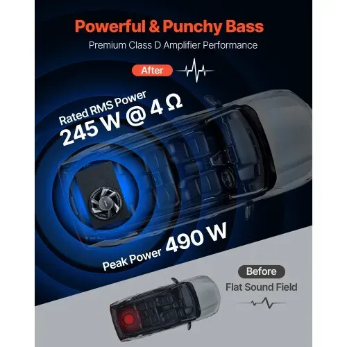 VEVOR Auto Subwoofer Set mit Bestücktem Gehäuse 305 mm, Komplettes Subwoofer- und Verstärkerpaket 245 W RMS, mit Integriertem Verstärker & Verkabelungssatz, Kompakt für Auto-Audiosysteme – Bild 2