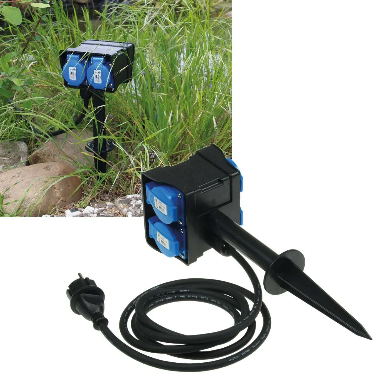 Gartensteckdose mit Erdspieß, 4-fach IP44, 10m Kabel Gartensteckdose mit Erdspieß, 4-fach IP44, 10m Kabel