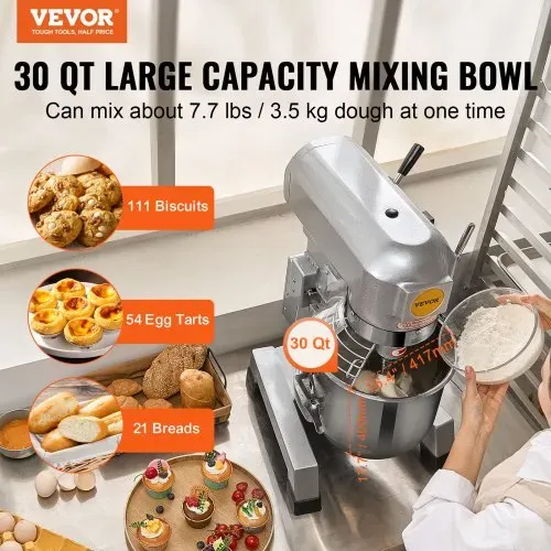 VEVOR Kommerzieller Küchenmixer, 28,5 l kommerzieller Standmixer mit 3 einstellbaren Geschwindigkeiten, 1100 W Teigmixer mit Edelstahlschüssel und 3 Mixaufsätzen, ideal für Restaurant, Bäckerei, Konditorei, Café VEVOR Kommerzieller Küchenmixer, 28,5 l kommerzieller Standmixer mit 3 einstellbaren Geschwindigkeiten, 1100 W Teigmixer mit Edelstahlschüssel und 3 Mixaufsätzen, ideal für Restaurant, Bäckerei, Konditorei, Café