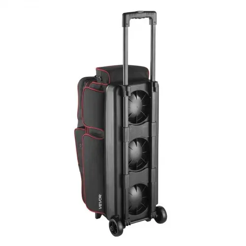VEVOR Bowlingballtasche für 3 Bälle mit Doppelrollen & separatem Fach für Schuhe (bis US-Größe 16) & übergroßer Zubehörtasche, einziehbarer Griff lässt sich auf 105 cm ausziehen Schwarz + Rot – Bild 9