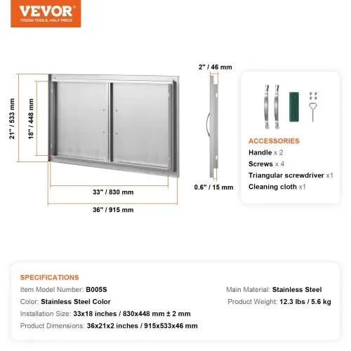 VEVOR Grill-Zugangstür, 915 x 533 x 46 mm, Doppelte Außenküchentür, Flächenbündig Montierte Edelstahltür, Vertikale Wandtür mit Griffen, für Grillinsel, Grillstation, Außenschrank usw. – Bild 6