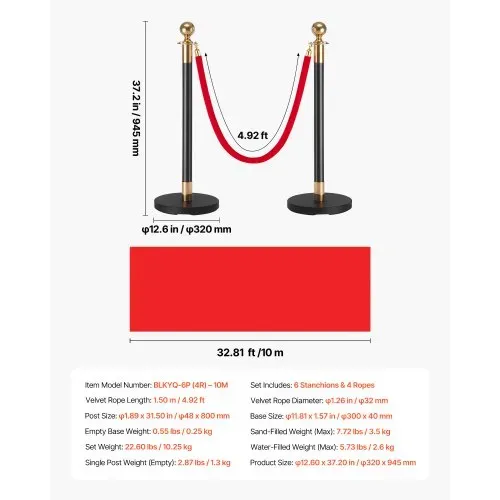 VEVOR Absperrpfosten 6-teilig, Personenleitsystem Set mit Rotem Teppich (10 m) & 4 Roten Samtseilen (1,5 m), Absperrständer mit Nachfüllbarem Sockel für Konzerte Ausstellungen Hotels Kinos (Schwarz) – Bild 6