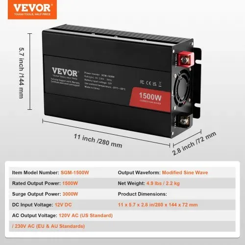 VEVOR Modifizierter Sinus-Wechselrichter, 1500 W DC 12 V AC 230 V Wechselrichter mit 2 AC-Steckdosen 2 USB-Anschlüssen 1 Typ-C-Anschluss 6 Ersatzsicherungen für Smartphone, Laptops – Bild 6