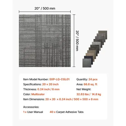 VEVOR Teppichfliesen 500 x 500 x 6 mm, 24er-Pack, selbstklebender Teppichboden mit Fläche von 6,2 m², Teppich Bodenbelag, einfacher DIY-Austausch für Wohnzimmer und Büro, mehrfarbig – Bild 6